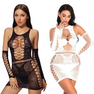 Sexy 2 pcs Mesh Cutout Bodysuit Dress Lingerie with Gloves
